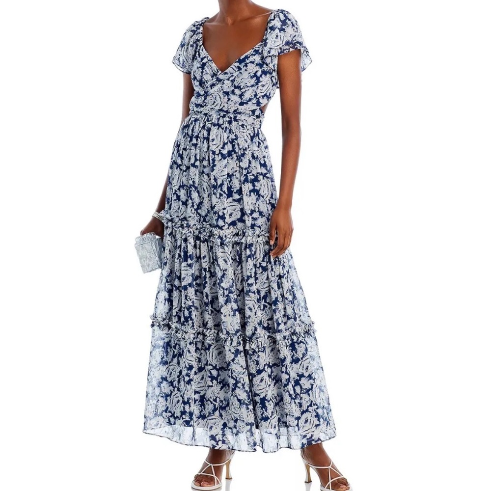 😍Aqua Flutter Sleeve Tiered Maxi Dress Navy/white
